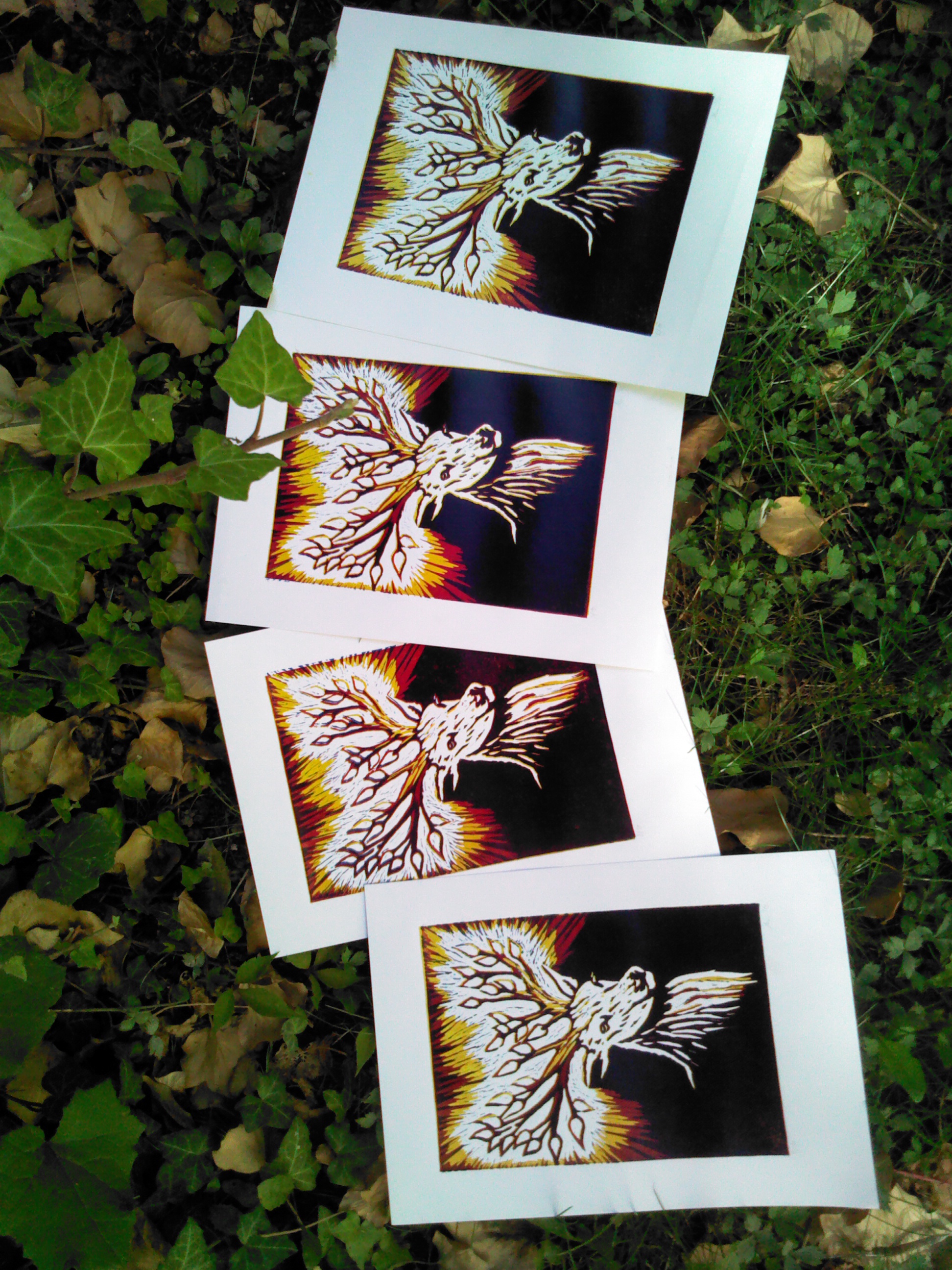 Jelen listnatý, tříbarevný linoryt - fotografie